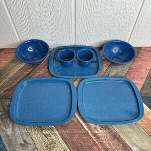 Set of 7 Vintage Blue Speckled Enamelware Graniteware Camp Cup Bowls & Trays